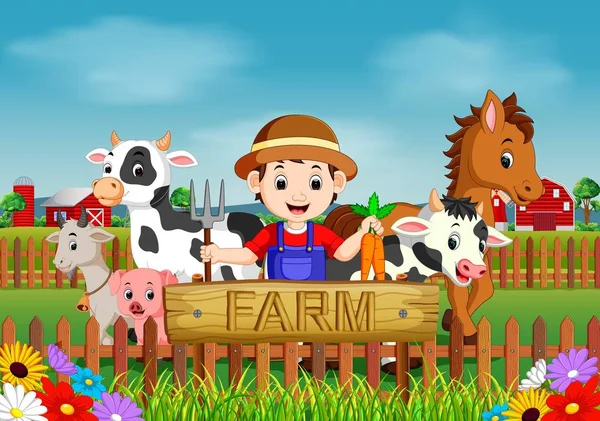 Cenas Fazenda Com Muitos Animais Agricultores —  Vetores de Stock