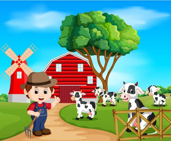 Farmě Scény Mnoha Zvířaty Zemědělci — Stockový vektor