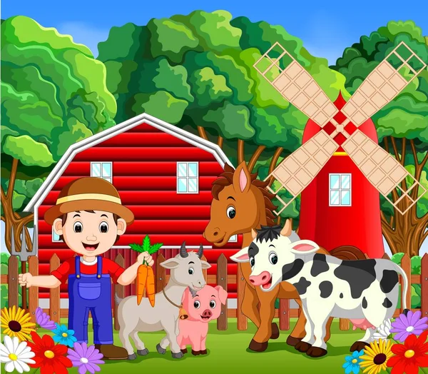 Scènes Ferme Avec Nombreux Animaux Agriculteurs — Image vectorielle