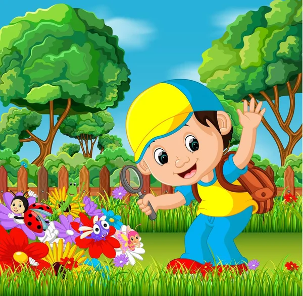 Симпатичний Хлопчик Тримає Збільшувальне Скло Квітковому Саду — стоковий вектор