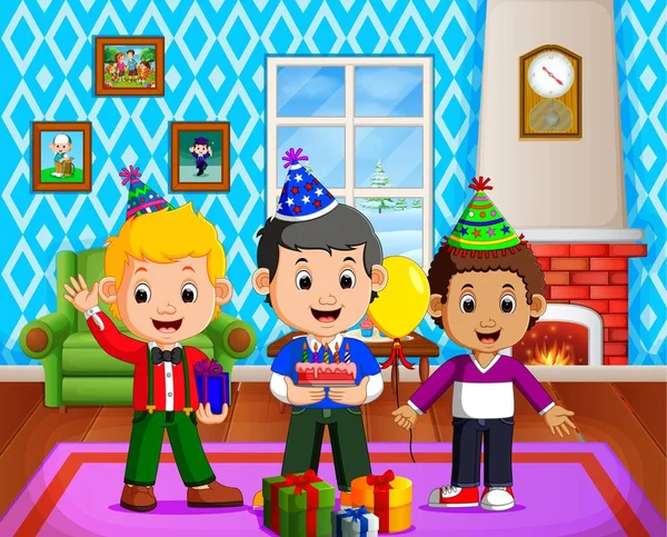 Niños Lindos Sala Estar Durante Navidad — Vector de stock