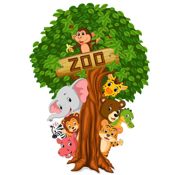 Zabawny Zwierzę Chowając Się Drzewa — Wektor stockowy