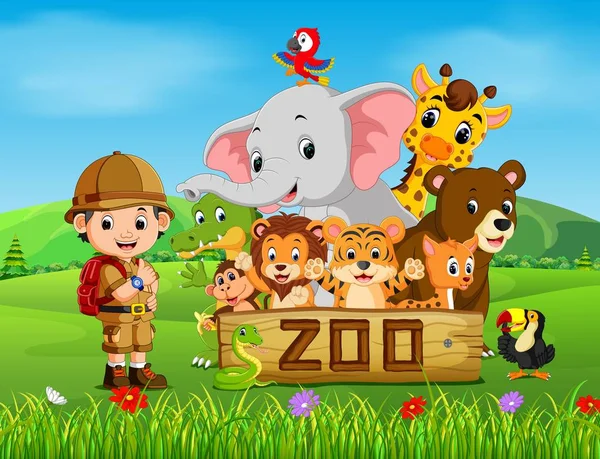 Colección Animales Del Zoológico Con Guía — Vector de stock