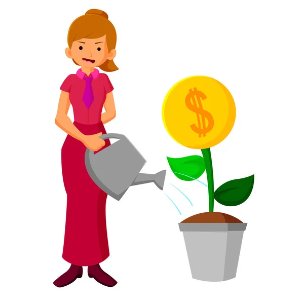Επιχειρήσεων Γυναίκα Πότισμα Λουλουδιών Χρήματα Επίπεδη Σχεδίαση — Διανυσματικό Αρχείο