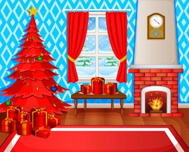 Noel şömine ile Noel ağacı, hediyeler ve koltuk