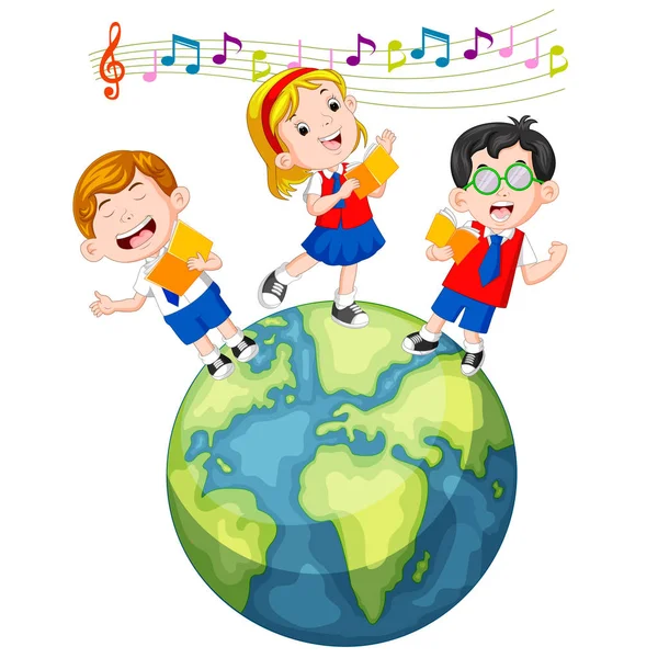 Okul Çocukları Üzerinde Dünya Şarkı — Stok Vektör