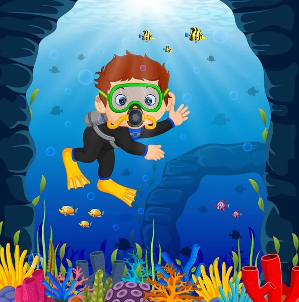 Cartoon Boy Diving Sea — Stock Vector