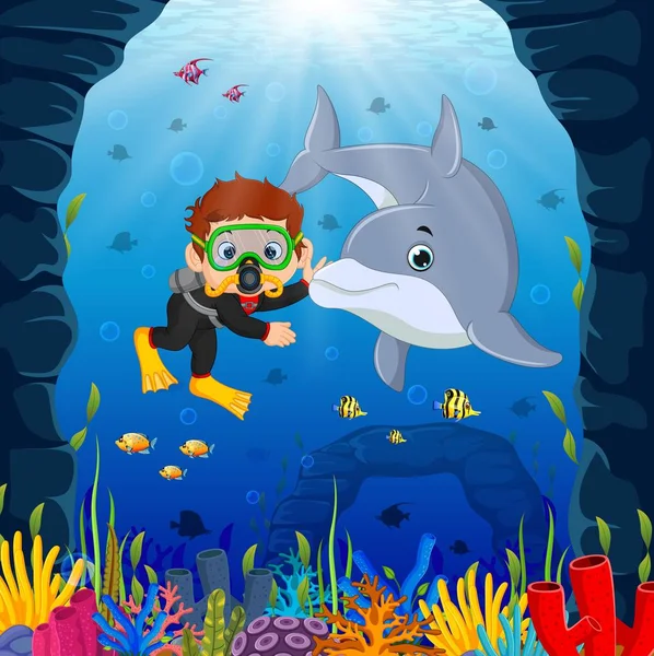 Dibujos Animados Niño Buceo Mar Con Delfines — Vector de stock