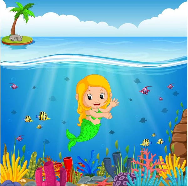 Cute Cartoon Mermaid Underwater — Stock Vector