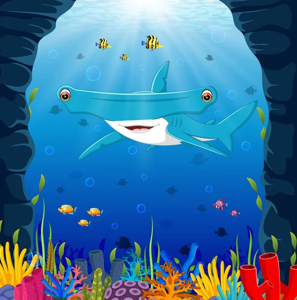 Tiburón Dibujos Animados Bajo Mar — Vector de stock