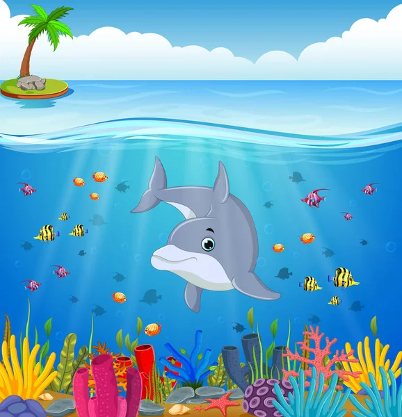 Delfín Dibujos Animados Bajo Mar — Archivo Imágenes Vectoriales