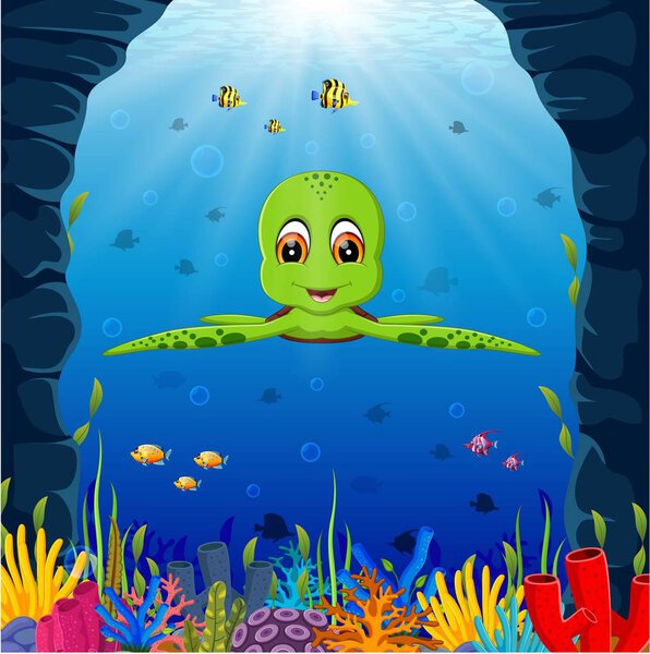 Cute cartoon turtle underwater