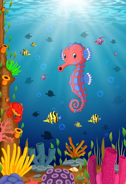 美しい水中の世界を漫画熱帯の海の馬 — ストックベクタ