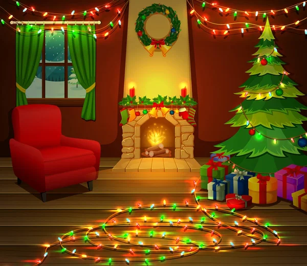 Christmas Fireplace Xmas Tree Presents Armchair — Stock Vector