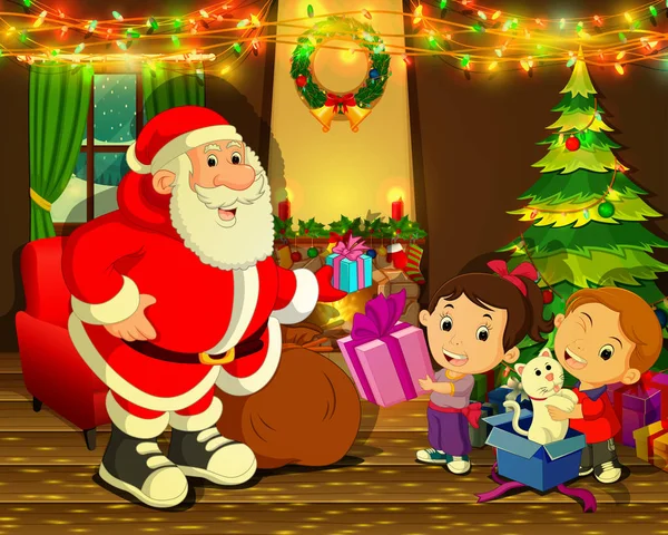 Santa Claus Con Árbol Navidad Lindo Niño — Vector de stock