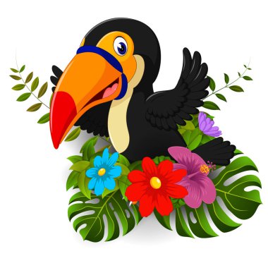 Toucan tropikal çiçek ile karikatür ve arka plan ayrılmak