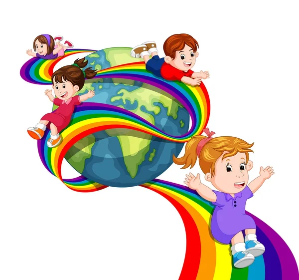 空に虹を滑りの子供 — ストックベクタ