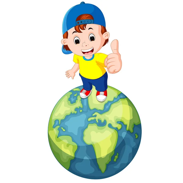 Cute Boy Standing World Giving You Thumbs — Stock Vector