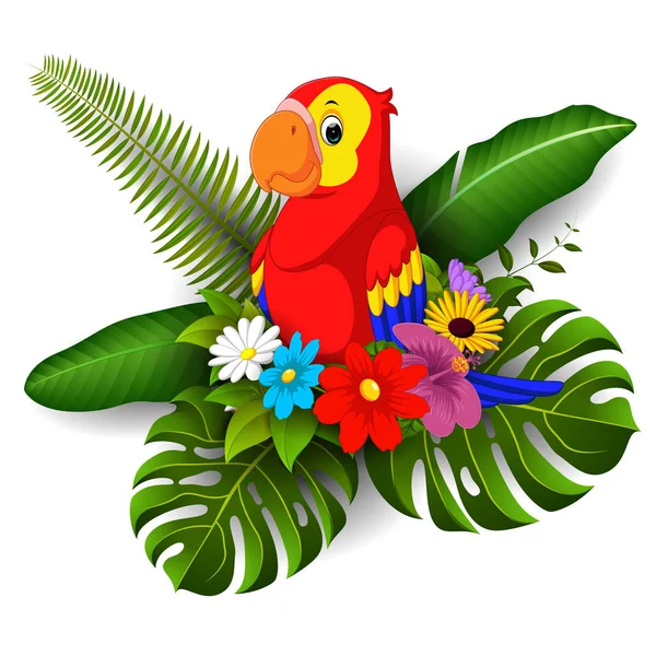 Dibujos Animados Loro Con Flor Tropical Dejar Fondo — Vector de stock