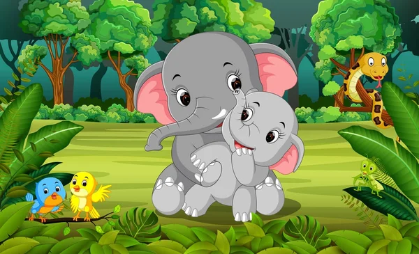 Elefant Und Baby Elefant Wald — Stockvektor