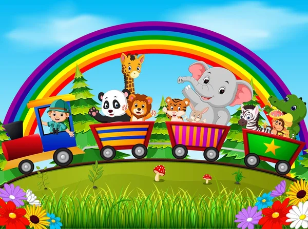 Awanturnik Dzikich Zwierząt Pociągu Rainbow Ilustracja — Wektor stockowy