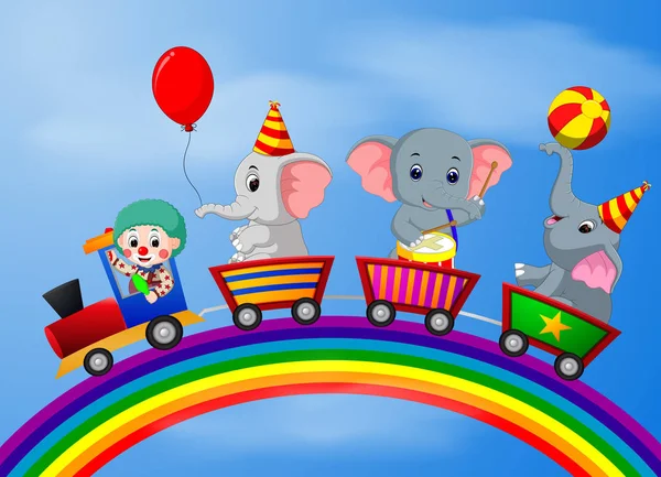 Clown Und Elefant Zug Mit Regenbogenillustration — Stockvektor