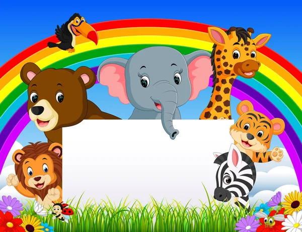 Cartoon Dier Met Blanksign Regenboog — Stockvector