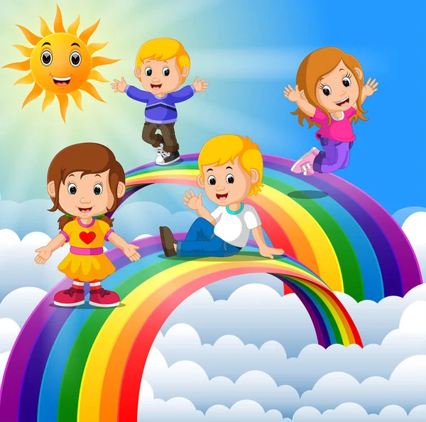 Happy Kids Standing Rainbow — Stock Vector