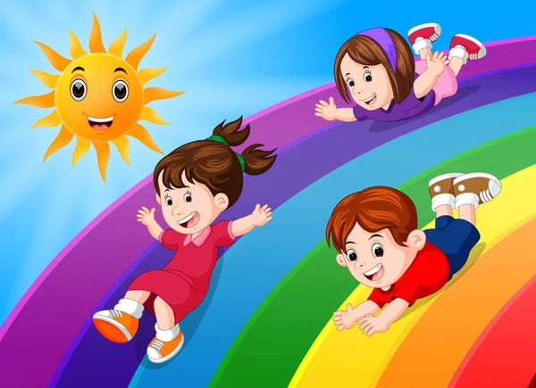 孩子们在天空彩虹上滑行 — 图库矢量图片