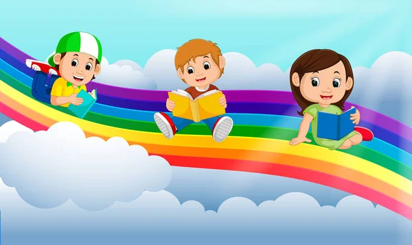 Bambini Felici Leggere Libro Sopra Arcobaleno — Vettoriale Stock