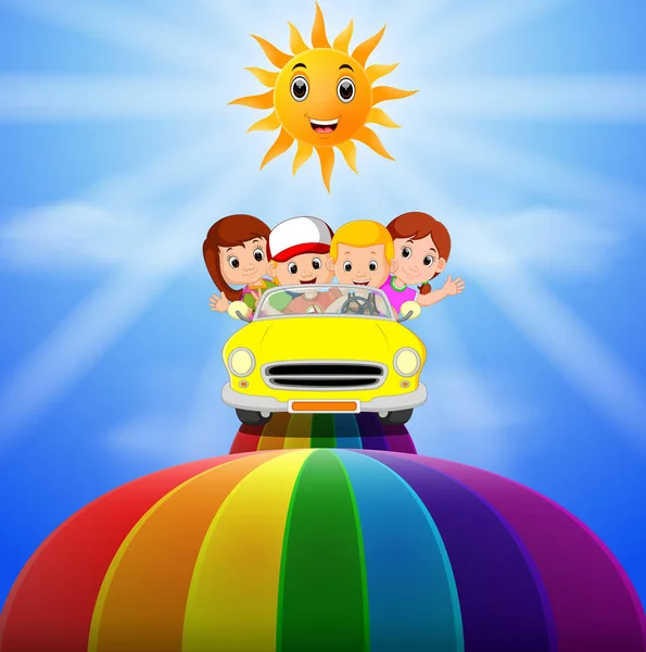 Die Kinder Auf Einem Fahrzeug Das Durch Den Regenbogen Fährt — Stockvektor