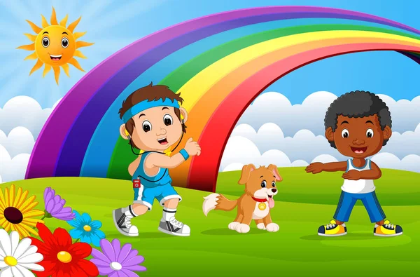 Niños Deporte Perro Parque Día Del Arco Iris — Vector de stock