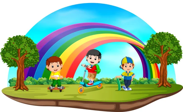 Kinder Spielen Tag Des Regenbogens Park — Stockvektor