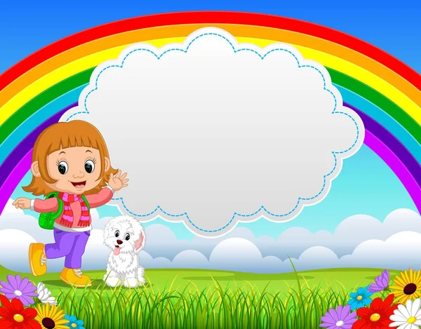 Cute Girl Dog Park Rainbow Day — Stock Vector