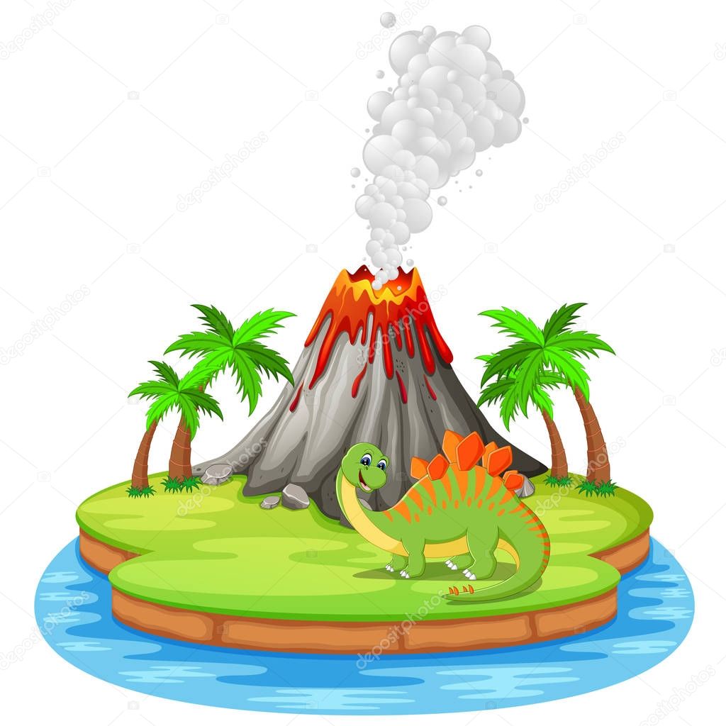 Dinosaur and volcano eruption illustration