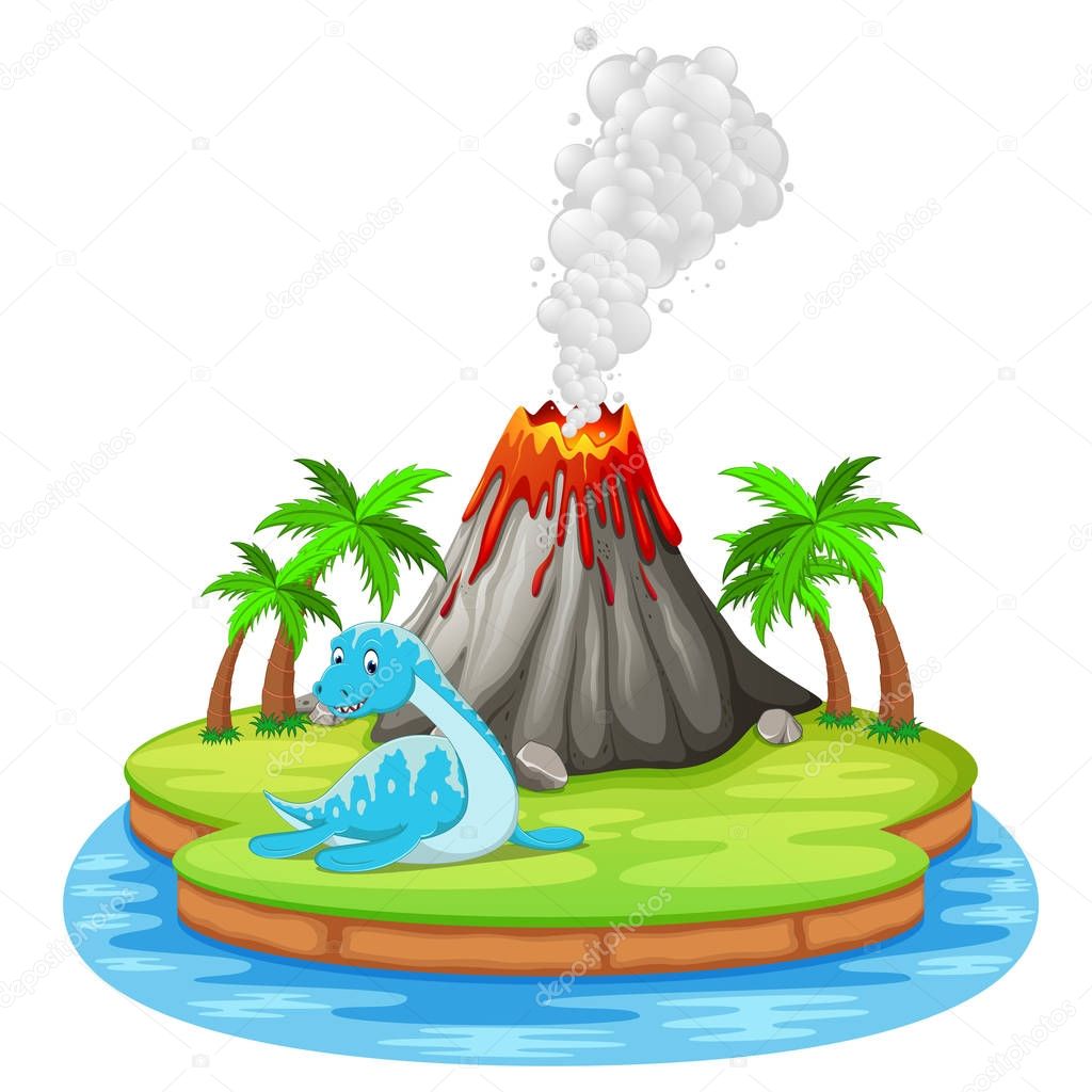 Dinosaur and volcano eruption illustration