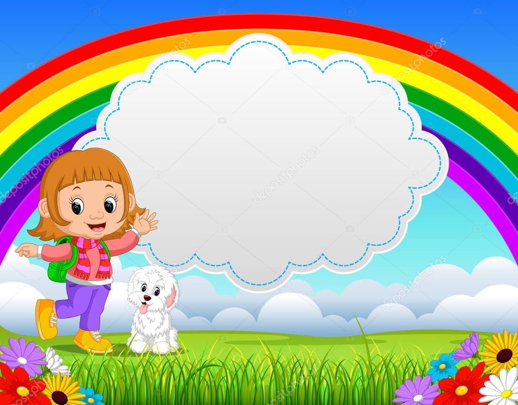 cute girl with dog in the park on rainbow day