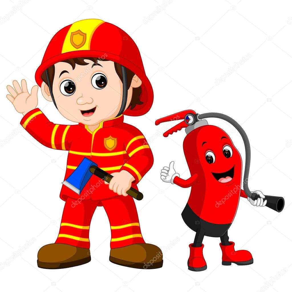 Rescue firefighter man holds iron axe and fire extinguisher cartoon