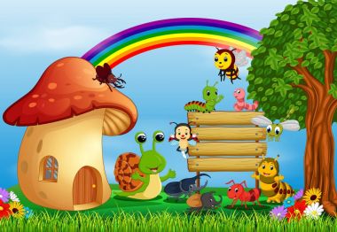 many insect and a mushroom house in forest clipart