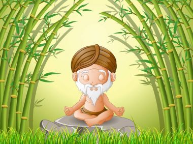 yaşlı adam meditasyon orman içinde büyük bir taş üzerinde otururken