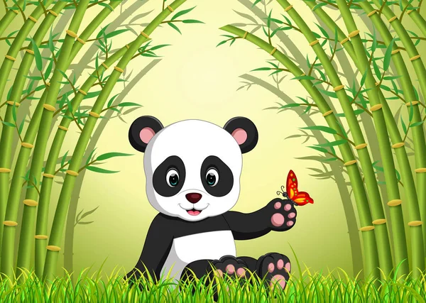 Dos Panda Lindo Bosque Bambú — Vector de stock