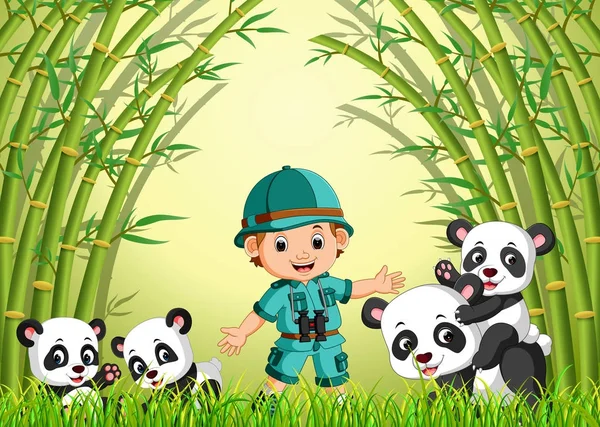 two cute panda in a bamboo forest
