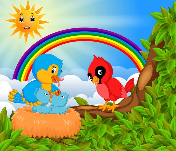 Many Bird Tree Branch Rainbow Scene — Stock Vector