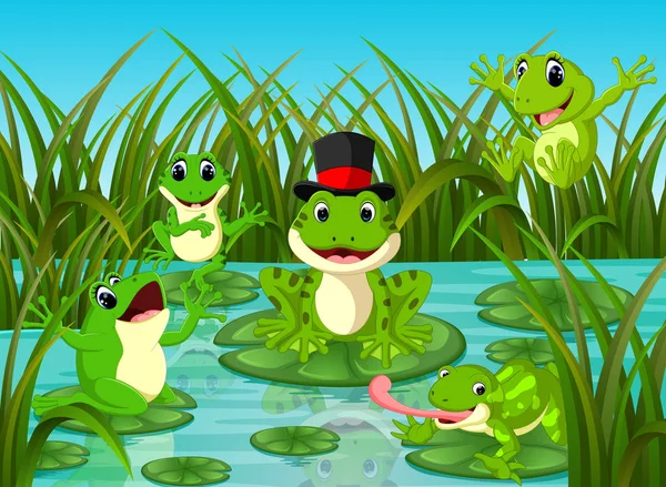 许多青蛙在叶子与河场面 — 图库矢量图片