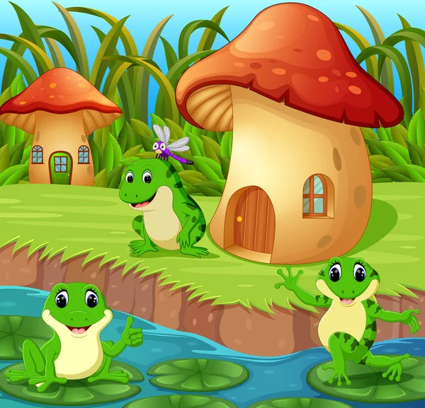 青蛙在蘑菇房子附近 — 图库矢量图片