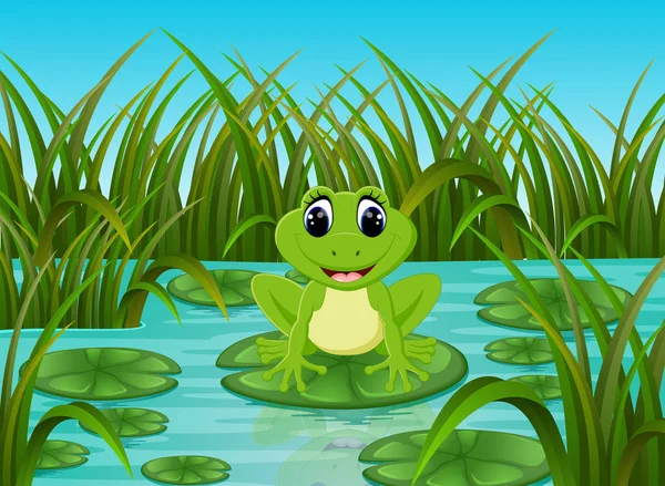 愉快的河场面在叶子的青蛙 — 图库矢量图片