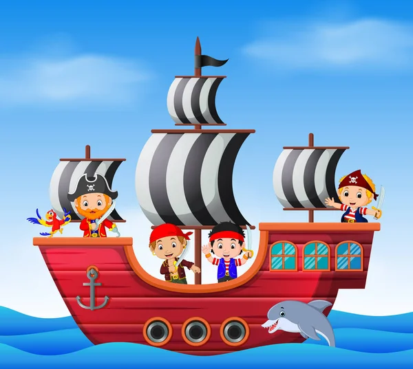 Дети Пиратских Кораблях Океанской Сцене — стоковый вектор