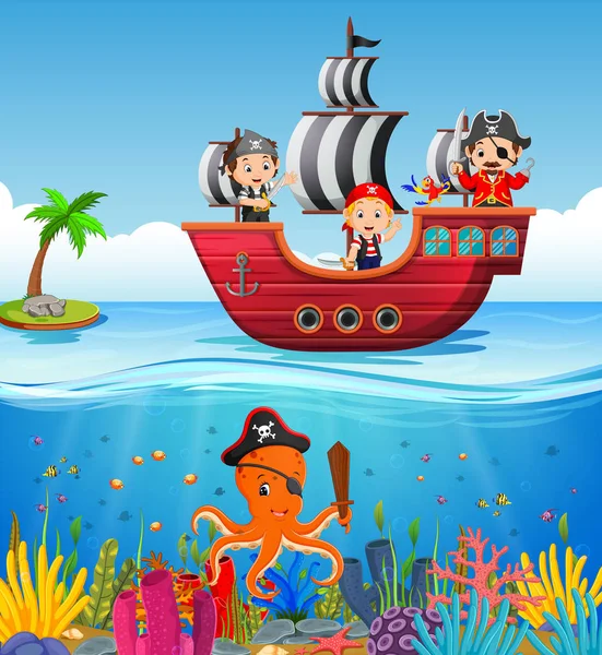 Kinderen Pirate Schip Oceaan Scène — Stockvector