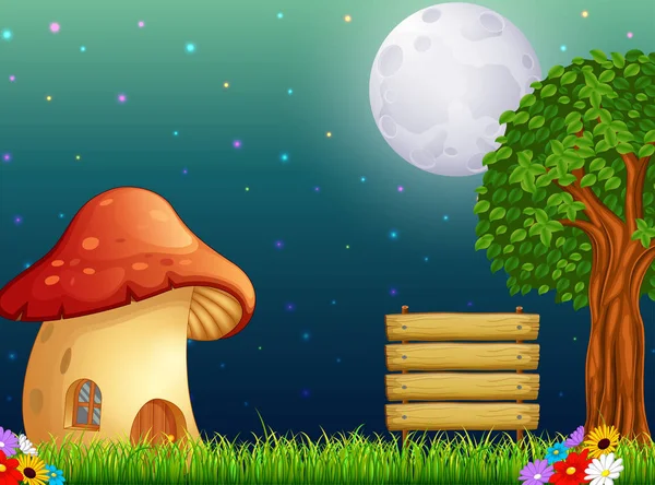 キノコの家と森に明るい月 — ストックベクタ