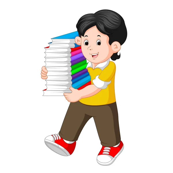 Chico Con Muchos Libros — Vector de stock